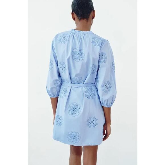 ZARA Women's Rubberized Embroidery Poplin Dress Size M In Sky Blue - Picture 2 of 12